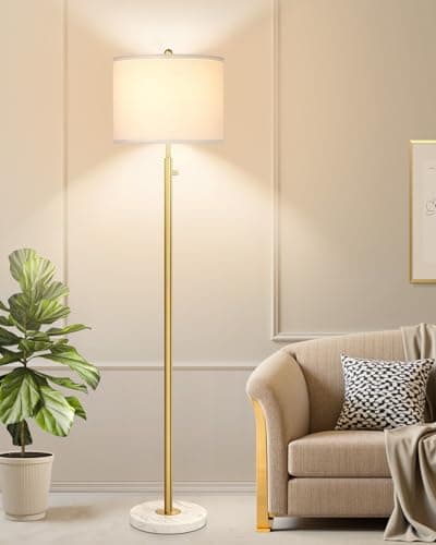 【Upgraded】Dimmable Gold Floor Lamps for Living Room, 11W LED Bulb Included, Modern Standing Lamp with Marble Base, Tall Pole Light with White Linen Shade for Bedroom Reading Office Corner Nursery - Image 1