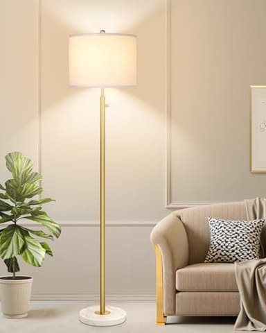 【Upgraded】Dimmable Gold Floor Lamps for Living Room, 11W LED Bulb Included, Modern Standing Lamp with Marble Base, Tall Pole Light with White Linen Shade for Bedroom Reading Office Corner Nursery - Image 1