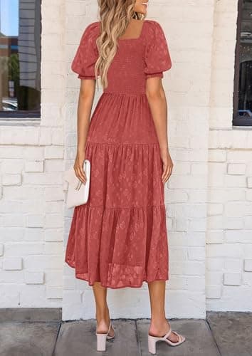 PRETTYGARDEN Women's 2025 Summer Casual Midi Dresses Square Neck Short Sleeve Smocked A Line Floral Flowy Elegant Boho Dress (Bean Paste Red,Medium) - Image 2