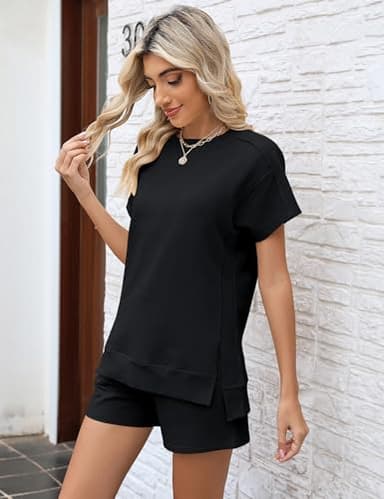 LOMON Womens 2 Piece Outfits Comfy Short Sleeve Lounge Wear Set Fashion Spring Shorts Tops with Pockets(Black,XXL) - Image 3
