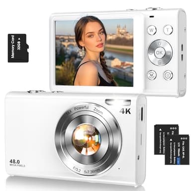 Digital Camera,Autofocus 4K Vlogging Camera for Photography with 32GB Card,48MP Portable Compact Point and Shoot Digital Camera for Teens Adult Beginner with 16X Zoom,Anti-Shake,2 Batteries(White) - Image 1