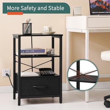Yoobure Side Table with Storage, LED Night Stand with Charging Station, End Tables Living Room, Nightstand for Bedroom with Adjustable Fabric Drawer, 3-Tier Wood Bedside Table, Black - Image 8