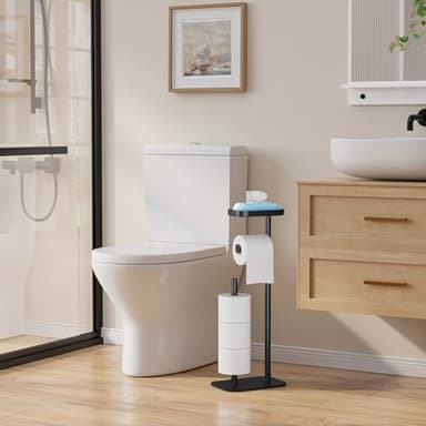 Kitsure Toilet Paper Holder Free Standing – Rustproof Metal Toilet Paper Stand for 4 Rolls with Anti-Slip Base and Shelf for Phone & Small Items, Bathroom Organizers and Storage, Medium, Black - Image 3