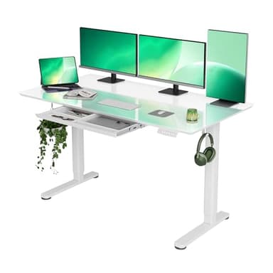 INNOVAR Glass Standing Desk with Drawers, 55×27.6 Inch Adjustable Stand Up Desk Quick Install Home Office Computer Desk, Super White - Image 1