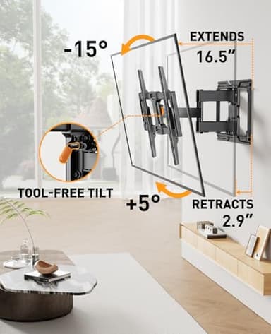 Perlegear Full Motion TV Wall Mount for Most 42–84 inch Flat Curved TVs up to 132 lbs, 12″/16″ Wood Studs, Bracket with Articulating Arms, Swivel, Tool-Free Tilt, Max VESA 600x400mm PGLF12 - Image 6