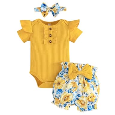GDTOGRT Baby Girl Clothes 12-18 Months Newborn Infant Outfit Ruffle Romper Short Pants Clothing Sets for Summer Spring - Yellow - Image 1