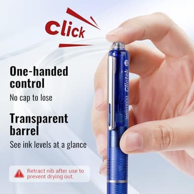 WRITECH Clictek Fountain Pen Retractable: Blue Ink Medium Nib Transparent Barrel, Gift Set Includes 5 Ink Cartridges for Smooth Writing No Leaking - Image 2