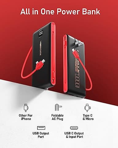 VEEKTOMX Portable Charger with Built in Cables 10000mAh, Power Bank for iPhone with AC Wall Plug, Fast Charging USB C Slim Battery Pack with LED Display Compatible with iPhone15/14/13, Samsung - Image 2