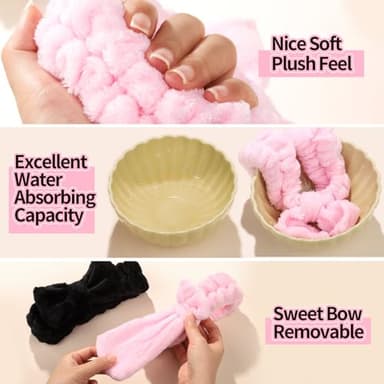 LEOBRO Spa Headband for Skin Care and Makeup, Women Teen Girls Hair Band Headbands for Washing Face, With Hair Scrunchies (Pink & Creamy White & Black) - Image 5