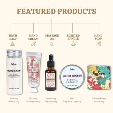 Gifts for Women BFFLOVE Gift Set for Women 5pcs Cherry Blossom Spa Set, Birthday Gifts for Her with Massage Oil, Scented Candle, Bath Salts, Hand Cream - Image 3