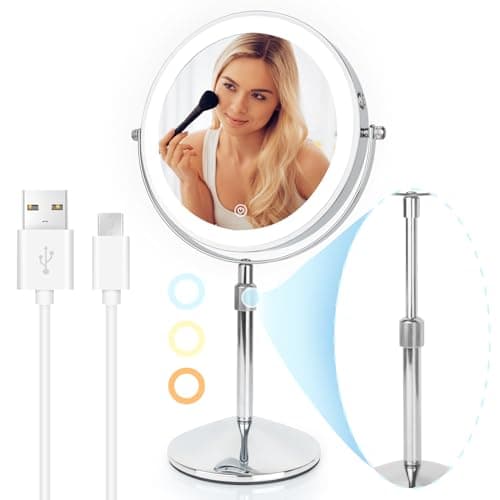 SEAEMIKO 8" Makeup Mirror with Lights, Rechargeable 1x/10x LED Lighted Magnifying Mirror with 3 Colors, 360° Rotation Rechargeable Double Sided Mirror, Touch Dimming, Adjustable Height - Image 1