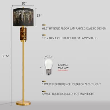 Oneach 63.75" Floor Lamp for Living Room, Modern Gold Lamp with LED Leopard Glass Night Light, Vintage Standing Lamp, Black Lampshade, Unique Luxury Tall Lamp for Bedroom Home Office(Bulb Included) - Image 4