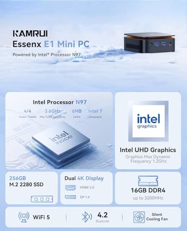 KAMRUI Essenx E1 Mini PC, Mini Computers Alder Lake N97(up to 3.60 GHz), Mini Desktop Computer, 16GB DDR4 256GB M.2 SSD, Small Computer Support 4K, WiFi 2.4G/5G, BT4.2, Business Home Office Family-NAS - Image 2