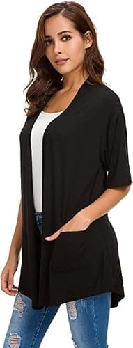 ADANIKI Womens Short Sleeve Open Front Lightweight Casual Comfy Long Line Drape Hem Soft Modal Cardigans Sweater with Two Pockets (Black, XXL) - Image 5