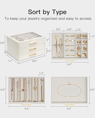 Vlando Jewelry Box for Women, Glass Lid Jewelry Organizer with 3 Drawers for Necklaces Rings Earrings Bracelets Mother Day Gift for Mom - Cloud White - Image 6