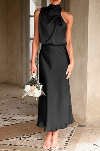 PRETTYGARDEN Women's 2025 Summer Satin Dress Elegant Sleeveless Mock Neck Cocktail Party Maxi Dresses (Black,Medium) - Image 5