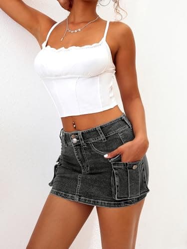 ELLEVEN Mini Cargo Skirts for Women High Stretchy, Low Waist Y2k Skirt Button Cute Denim Bodycon Jean Skirt with Pocket Black Denim X-Small - Image 3