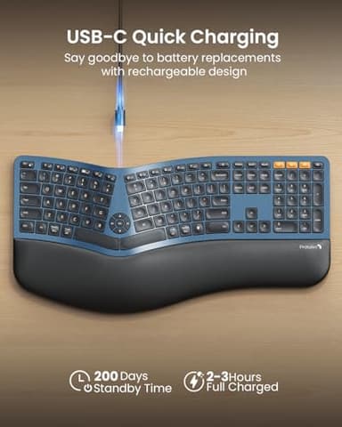 ProtoArc Backlit Bluetooth Ergonomic Keyboard, EK01 Plus Full Size Wireless Split Keyboard with Dual Bluetooth and USB, Cushioned Wrist Rest, Rechargeable, Compatible with Windows/Mac/Android, Blue - Image 5