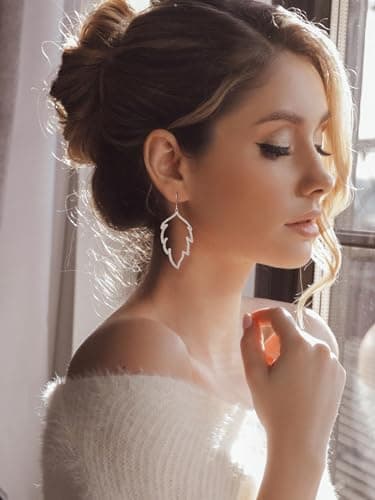 SWEETV Silver Cubic Zirconia Dangle Earrings for Women, Hook Infinity Leaf Hoop Earrings Rhinestone Drop Dangle Hoop Earrings for Wedding Bridal Prom Valentines Gifts - Image 3