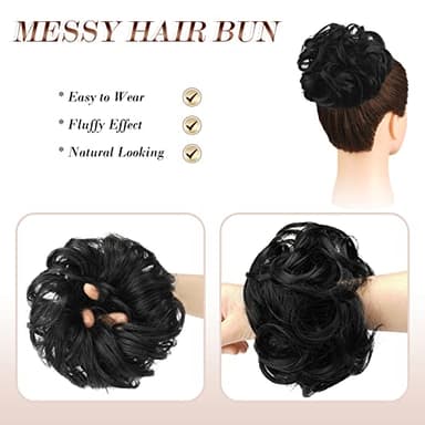 FESHFEN Messy Bun Hair Pieces - Large Wavy Curly Elastic Hair Bun Scrunchies Ponytail Extensions Synthetic Chignon Hairpieces for Women, Off Black 1.94oz - Image 3