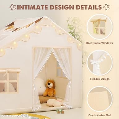 PIIKAGO Kids Play Tent with Mat - Kids Tent Indoor with Star Lights and Flags, Toddler Tent for Kids Ages 3-8, Toddler Playhouse for Girls Boys, 57" x 35" x 47" (Beige) - Image 2