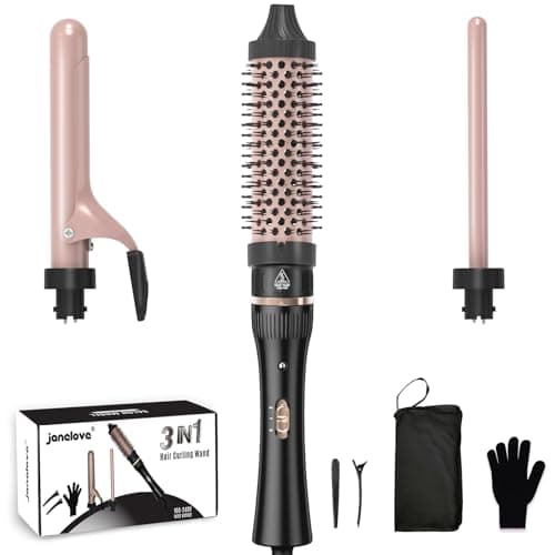 javelove 3 in 1 Curling Iron Set with Thermal Brush (1.5") and 2 Interchangeable Ceramic Curling Wand(0.51"-1"), 2 Temp Heating Setting, Include Heat Protective Glove & 2 Clips& Storage Bag - Image 1