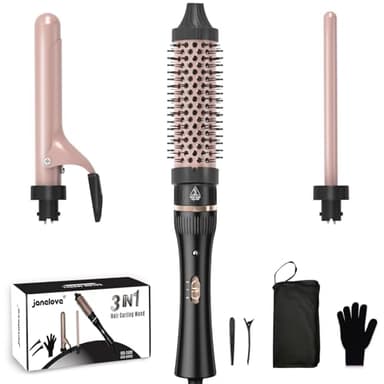 javelove 3 in 1 Curling Iron Set with Thermal Brush (1.5") and 2 Interchangeable Ceramic Curling Wand(0.51"-1"), 2 Temp Heating Setting, Include Heat Protective Glove & 2 Clips& Storage Bag - Image 1