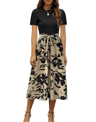 Zattcas Women 2025 Summer Dress Short Sleeve Ribbed Teacher Church Modest Business Casual Work Outfits Midi Dress with Pockets Blacktaupe XS - Image 1