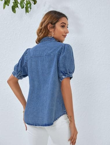 BMJL Womens Denim Shirt Business Casual Button Down Work Blouses Puff Sleeve Summer Tops Blue - Image 3