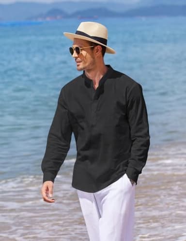 COOFANDY Men's Cotton Linen Henley T-Shirts Long Sleeve Hippie Casual Beach T-Shirts Black - Image 4