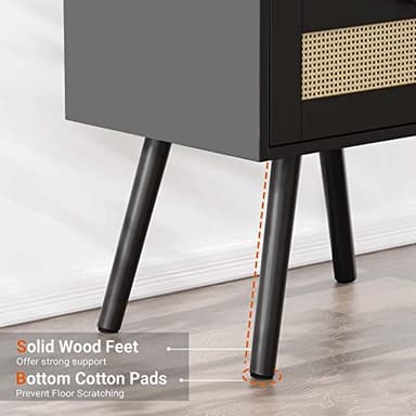 SUPERJARE Nightstands with Charging Station, Bedside Table Set of 2 with PE Rattan Drawers, Rattan Side Table with Storage & Solid Wood Feet, End Table for Bedroom, Black - Image 6