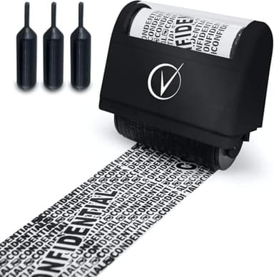 Vantamo Identity Theft Protection Roller Stamp for Hiding Sensitive Information, Wide Confidential Stamp with 3 Ink Refill, Security Stamp Roller for Identity Theft Prevention, Classy Black - Image 1