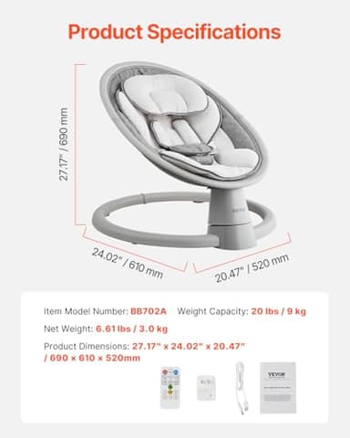 VEVOR Baby Swing, 5-Speed Portable Infant Swing with Remote Control, Touch Panel, Bluetooth Music, 10 Preset Lullabies & 5-Point Safety Harness for 0-9 Month Boys Girls Up to 20lbs - Image 7