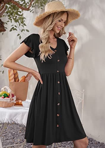 WNEEDU Women Summer Dresses Sleeveless Casual Loose Swing Button Down Midi Dress with Pockets(Black,L) - Image 2