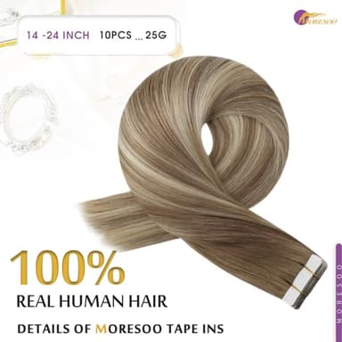 Moresoo Tape in Hair Extensions Human Hair,22 Inch 10 Pcs 25 Gram,#8/22/8 Balayage Light Brown and Platinum Blonde, Seamless Hair Extensions Fashion - Image 3