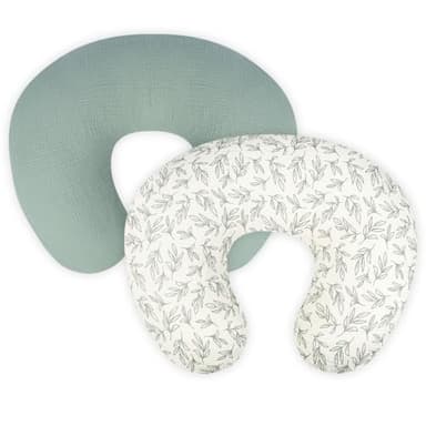 Nursing Pillow Cover - 2-Pack Muslin Cotton Removable Covers for Breastfeeding Pillows, Ultra-Soft Baby Feeding Pillowcase for Boy & Girl, Fits 22.5"x18" Pillows (Green Leaf & Sage Green) - Image 1