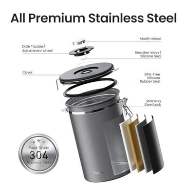 Veken Coffee Canister, 39OZ Large, Airtight Stainless Steel Food Storage Container for 2.2lbs Coffee Beans, Ground, Sugar, Tea, Flour, Cereal, Kitchen Bar Accessories with Date Tracker & Scoop, Gray - Image 5