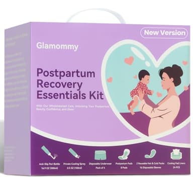 Glamommy Postpartum Recovery Essentials Kit for Women, Labor & Delivery Postpartum Care, Peri Bottle, Cooling Spray, Disposable Postpartum Underwears, Postpartum Pads, Hot&Cold Packs, Soothing Liners - Image 1