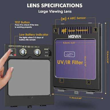 MIGVAN Welding Helmet Auto Darkening True Color Large Viewing, Welding Hood Solar/Rechargeable Battery Powered, Wide Shade 4/5-13 with 4 Arc Sensor, Optical Clarity Welder Mask for TIG MIG ARC Grind - Image 5
