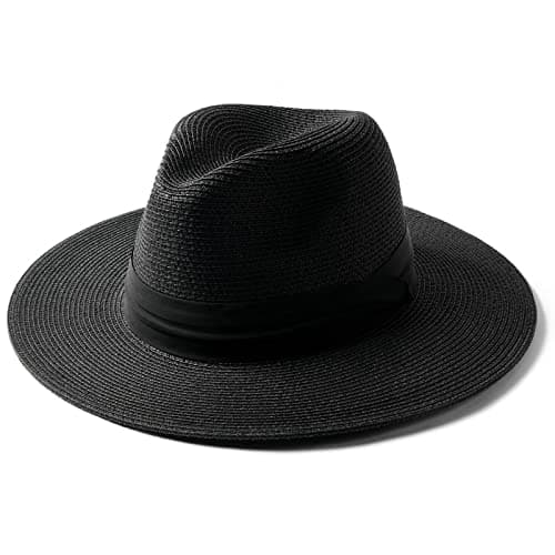 FURTALK Sun Hats for Women Men Panama Hat Wide Brim Fedora Straw Beach Hat UV UPF 80+ Beach Vacation Essentials Black - Image 1