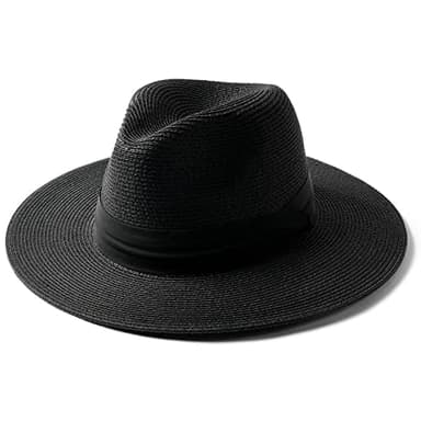 FURTALK Sun Hats for Women Men Panama Hat Wide Brim Fedora Straw Beach Hat UV UPF 80+ Beach Vacation Essentials Black - Image 1