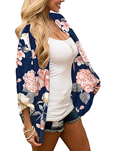 Chunoy Women Summer Floral Print Short Sleeve Chiffon Kimono Cardigan Open Front Blouse Top Beach Wear Cover Up Navy Blue Large - Image 2