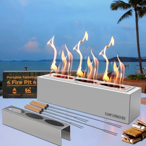 Tabletop Fire Pit with 4 Extendable Smores Sticks, Indoor Outdoor Fire Pit Table Top, Rectangle Tabletop Fireplace, Rubbing Alcohol Smores, Patio Decor Festive Gift - Gray - Image 1