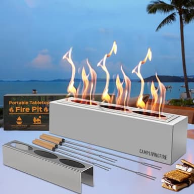 Tabletop Fire Pit with 4 Extendable Smores Sticks, Indoor Outdoor Fire Pit Table Top, Rectangle Tabletop Fireplace, Rubbing Alcohol Smores, Patio Decor Festive Gift - Gray - Image 1