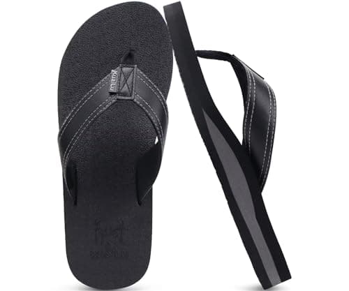 KuaiLu Men's Leather Flip Flops Arch Support Summer Beach Pool Water Thong Sandals Waterproof Rubber Walking Shoes Slip on Orthotic Casual Sport Cushioned Wide Slides Shower Slippers Black Size 14 - Image 1