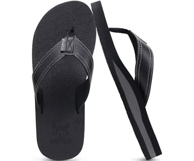 KuaiLu Men's Leather Flip Flops Arch Support Summer Beach Pool Water Thong Sandals Waterproof Rubber Walking Shoes Slip on Orthotic Casual Sport Cushioned Wide Slides Shower Slippers Black Size 14 - Image 1