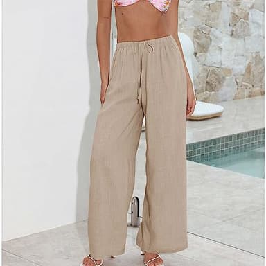 Duyang Womens Cotton Linen Palazzo Pants Drawstring Elastic Waist Casual Wide Leg Trousers with Pockets(Khaki,L) - Image 2