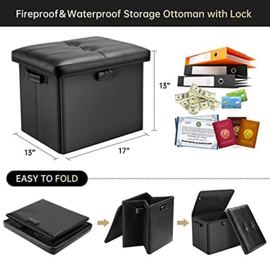 DocSafe Storage Ottoman with Lock,Fireproof Folding Ottoman Foot Rest Stool Storage Chest with Storage Safe for Important Documents,Waterproof 17 Inches Short Ottoman Foot Stool with Handles,Black - Image 3