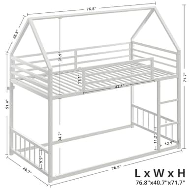 LIKIMIO Bunk Bed Twin Over Twin, House Bunk Bed Frame with Ladder and Guardrail, House Shaped with Metal Slats for Dormitory and Bedroom, Space Saving, No Box Spring Needed, White - Image 6