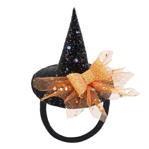 YanJie Halloween Headband for Infants Mini Witches Hat Glitter Nylon Headbands 3'' Witch Hats with Orange Baby Bow Stretchy Head Band for Baby Girls - Image 1